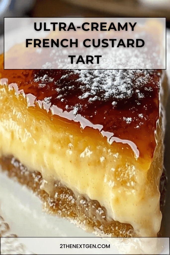 Sliced ultra-creamy French custard tart with a caramelized golden top, thick vanilla custard layer, and crisp shortcrust pastry on a serving plate.