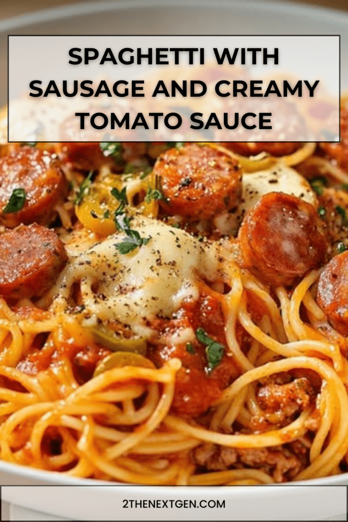 Plate of spaghetti with sausage coated in creamy tomato sauce with browned sausage slices, topped with melted cheese and fresh parsley.