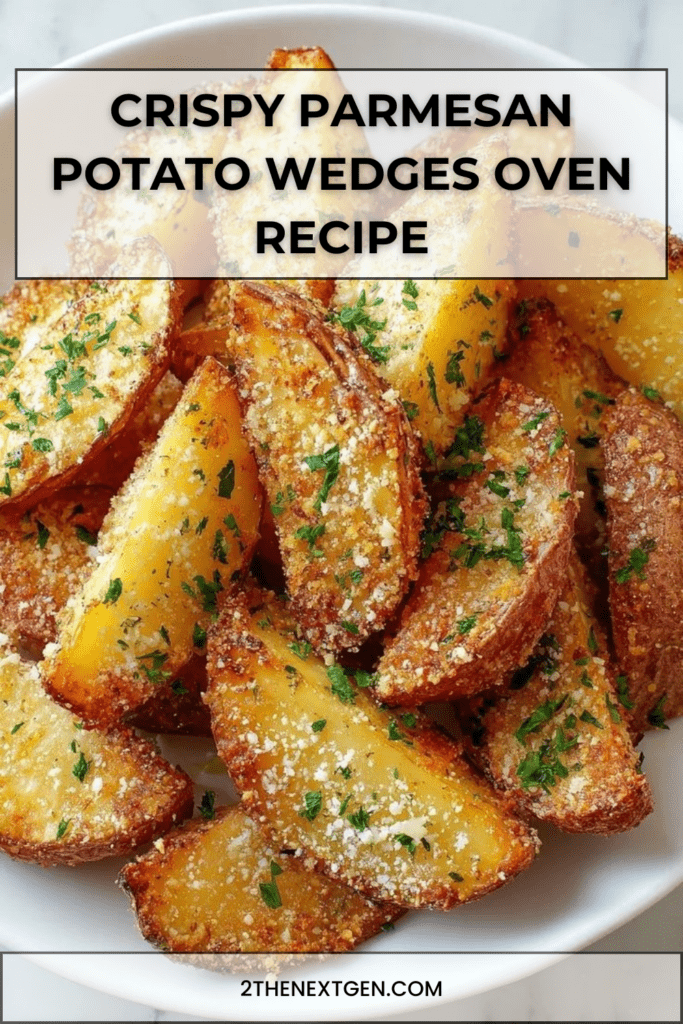 Golden crispy Parmesan potato wedges baked with Parmesan cheese and herbs, garnished with fresh parsley and served on a rustic plate.