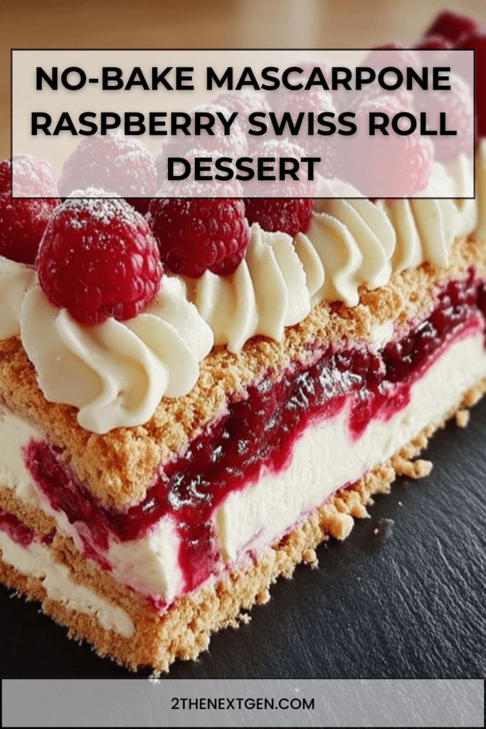 A no-bake mascarpone and raspberry Swiss roll topped with fresh raspberries, powdered sugar, and mint leaves, sliced on a serving plate with a creamy layered interior.
