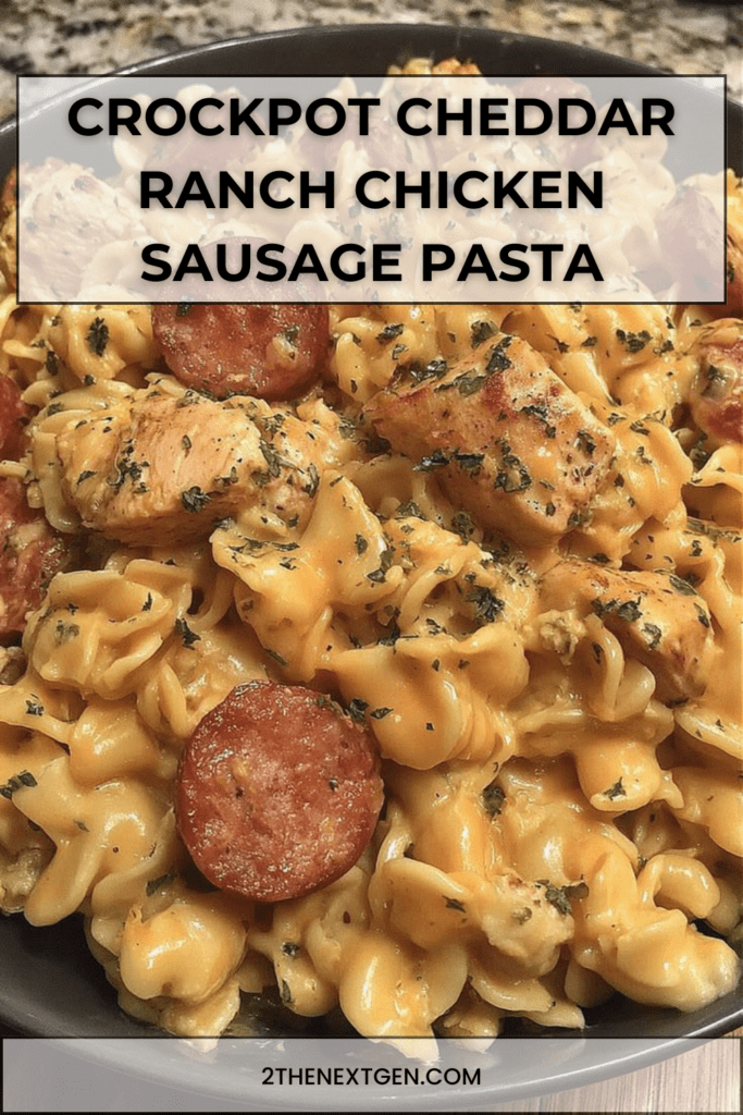 A bowl of crockpot cheddar ranch chicken and sausage pasta with creamy sauce, melted cheese, sliced sausage, and tender chicken pieces garnished with parsley.