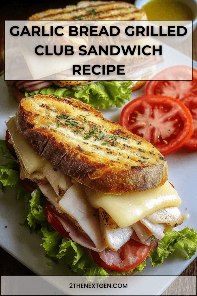 A golden garlic bread grilled club sandwich filled with turkey, ham, melted cheese, lettuce, and tomato, cut diagonally and served warm on a plate.