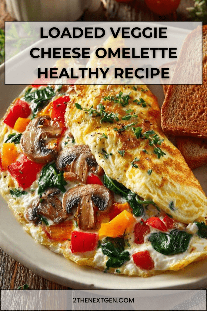 A fluffy veggie cheese omelette filled with mushrooms, bell peppers, spinach, and melted cheese, garnished with herbs and served with toasted bread.