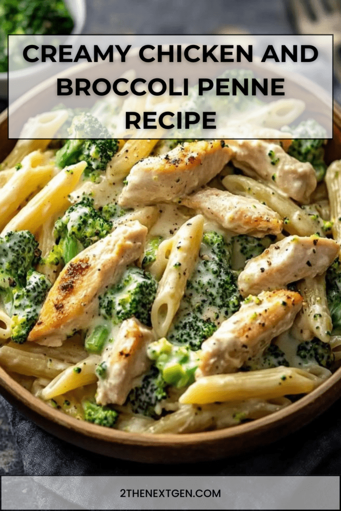 A bowl of creamy chicken and broccoli penne pasta coated in a rich Parmesan sauce with tender chicken pieces and bright green broccoli florets.