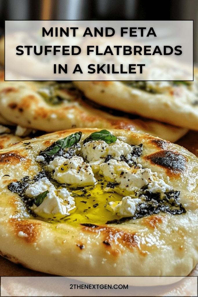 Golden skillet flatbreads stuffed with mint and feta, brushed with olive oil and topped with crumbled feta, fresh basil, and cracked black pepper