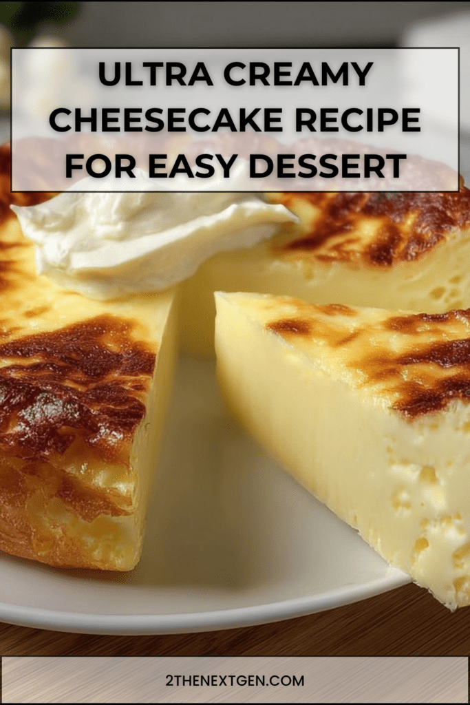 A golden ultra-creamy baked cheesecake in a round dish, sliced and served on a plate, with a soft smooth center and lightly browned top.