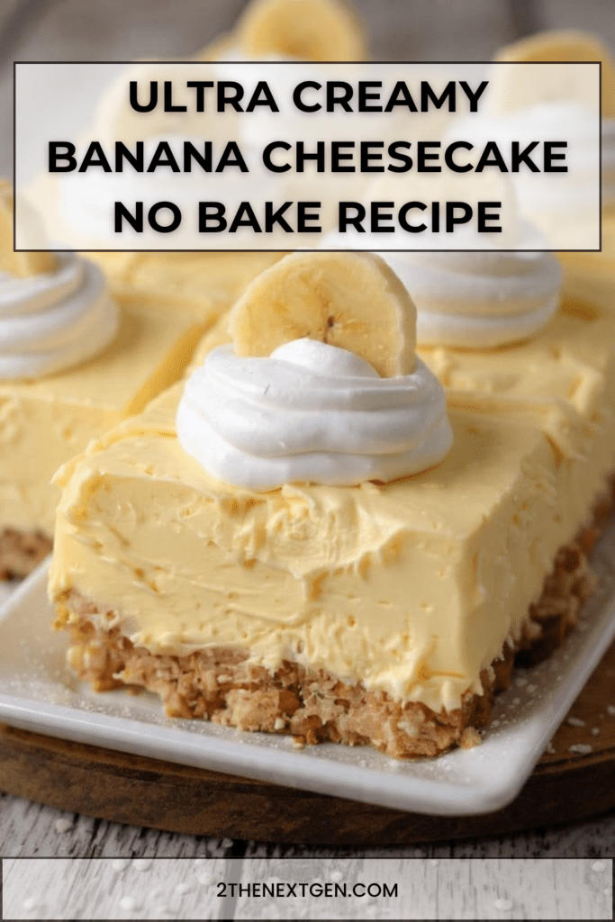 A no bake ultra creamy banana cheesecake with a golden biscuit crust, smooth banana filling, topped with whipped cream and fresh banana slices on a serving plate.