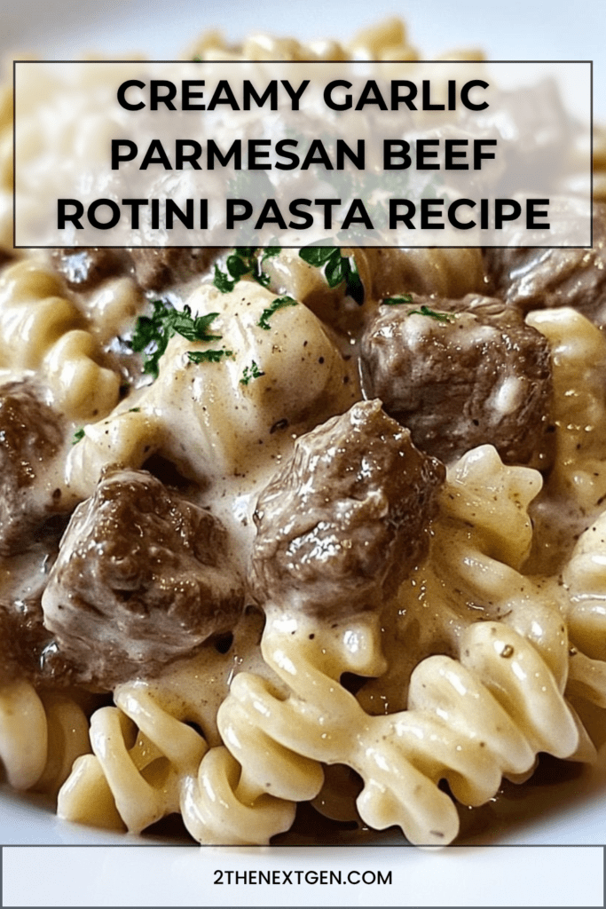 A bowl of Beef Rotini Pasta coated in creamy garlic Parmesan sauce with tender browned beef pieces, garnished with parsley and extra grated cheese.