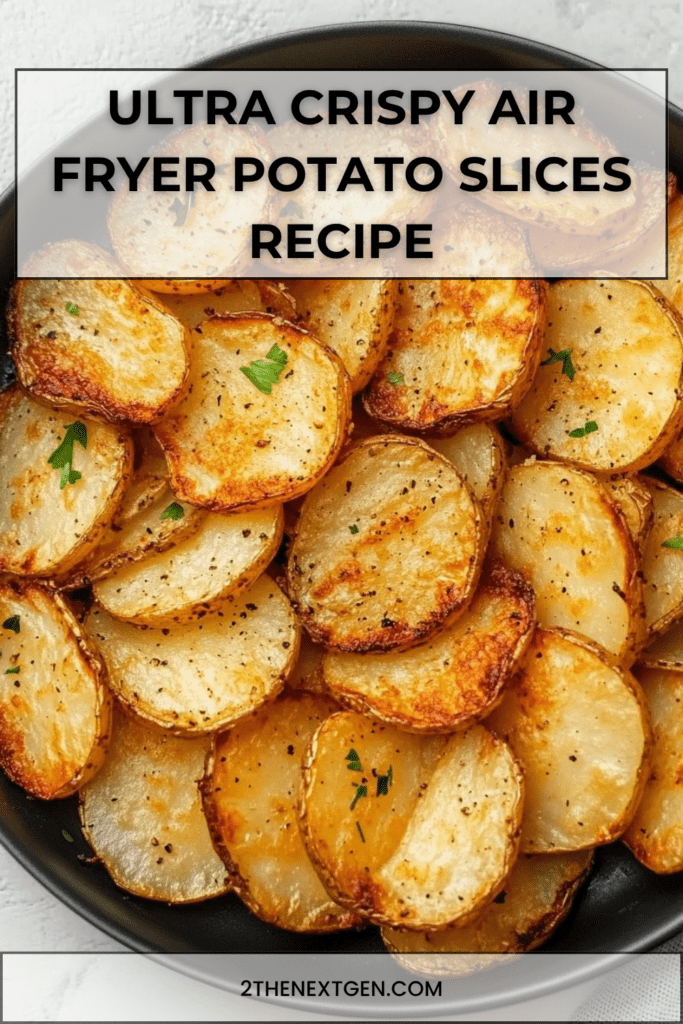 Golden crispy air fryer potato slices with paprika seasoning, arranged on a plate with fresh parsley and a crunchy exterior.