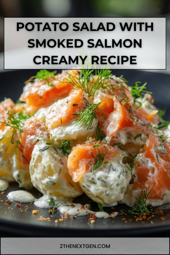 Creamy potato salad with smoked salmon, fresh dill, and mustard dressing, served slightly warm with visible potato slices and salmon pieces.