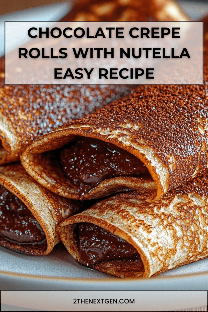 Rolled chocolate crepe filled with chocolate hazelnut spread, sliced and dusted with powdered sugar, served on a plate with a soft texture.