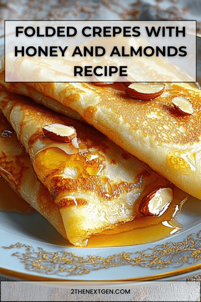 Folded French crepes with honey arranged in triangles, drizzled with golden honey and topped with toasted almonds and powdered sugar on a plate.