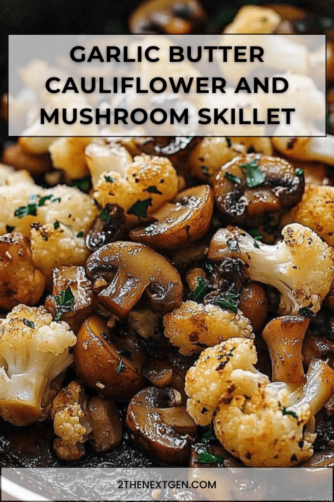 Golden cauliflower florets and seared mushrooms in a skillet coated with garlic butter, thyme, and fresh parsley, served as a hot side dish
