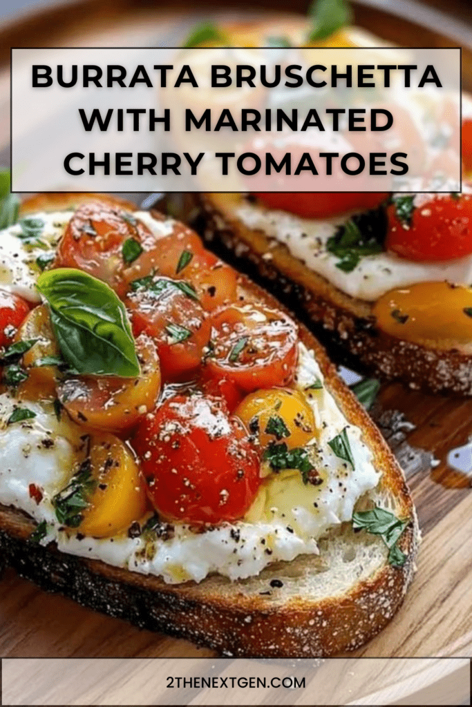 Toasted bread rounds topped with torn burrata bruschetta and marinated cherry tomatoes, basil, olive oil, and balsamic juices, served as an Italian appetizer