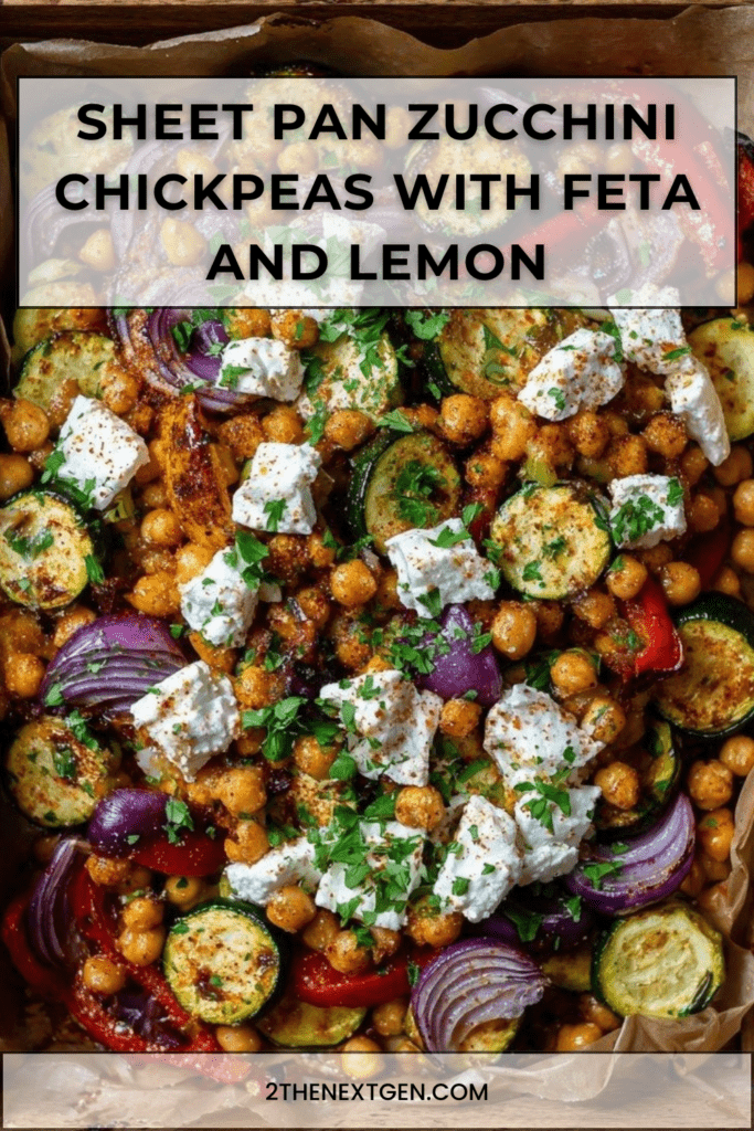 Sheet pan with roasted zucchini rounds, crispy chickpeas, red onion wedges, red bell pepper strips, and warm feta, finished with parsley and lemon
