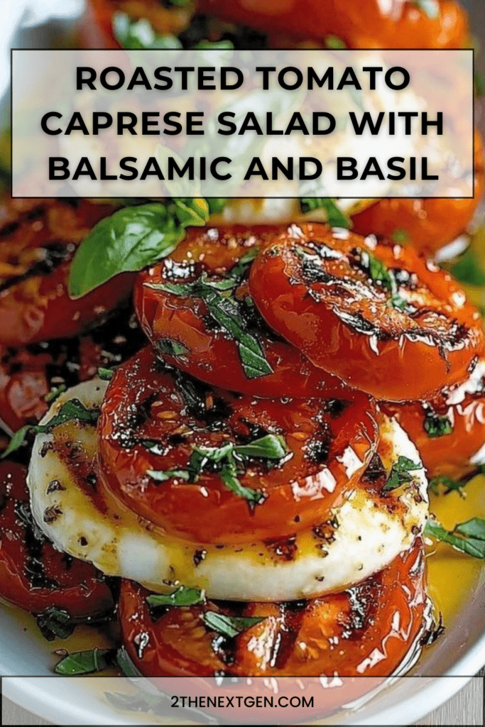 Roasted tomato halves layered with fresh mozzarella slices and basil leaves, drizzled with balsamic and olive oil, served on a platter