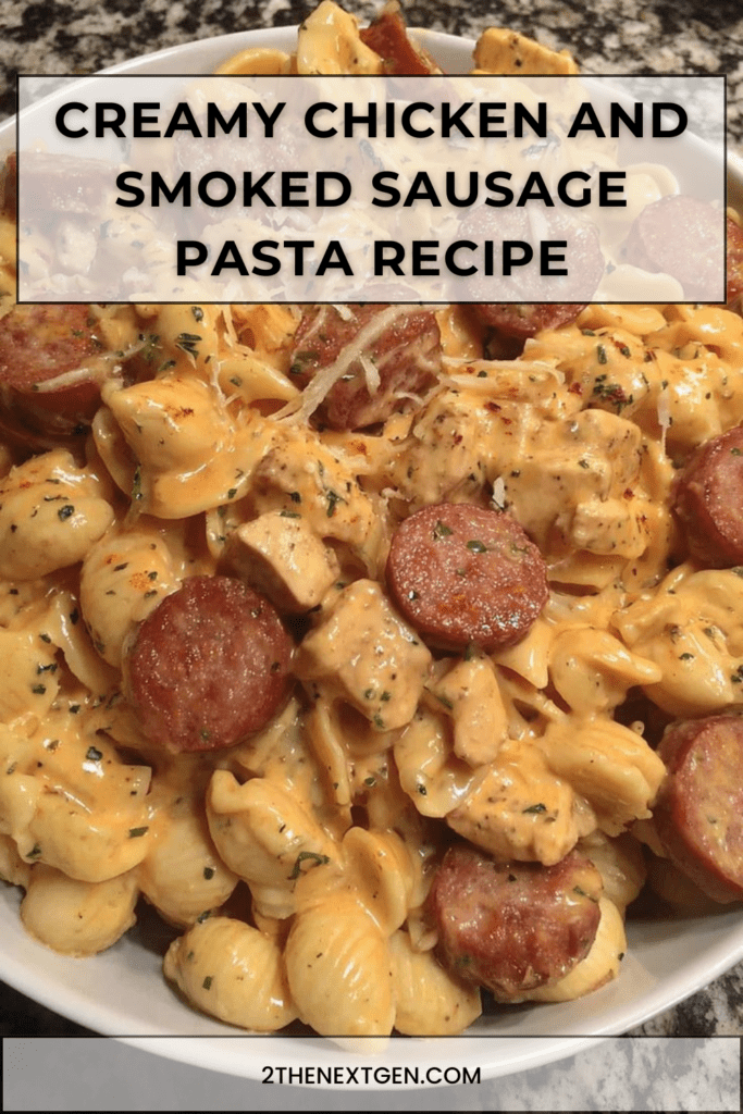 Creamy pasta in a skillet with pieces of chicken and browned smoked sausage slices, coated in a cheesy garlic cream sauce and topped with parsley
