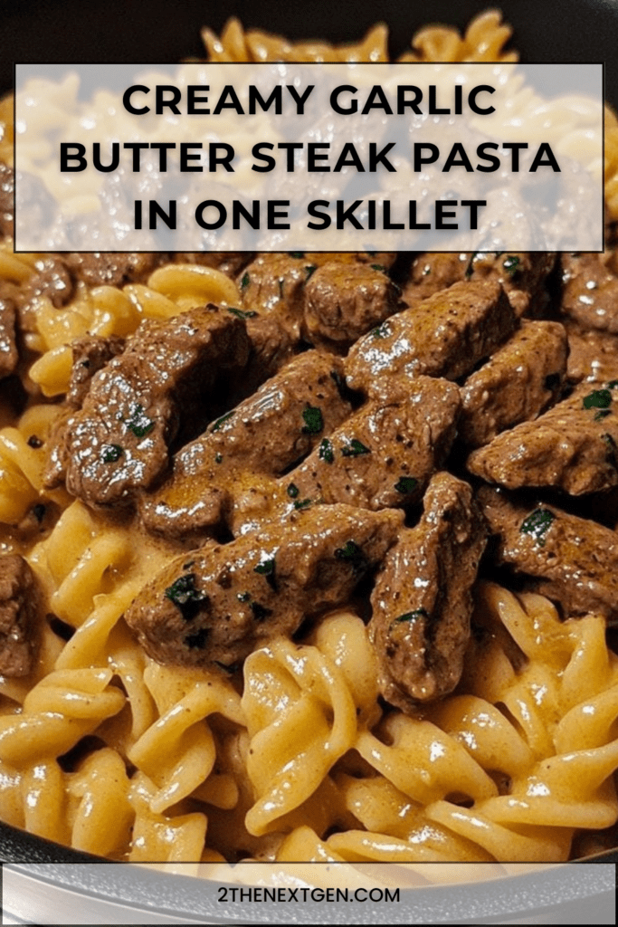 Creamy pasta tossed with seared steak strips in a garlic butter Parmesan cream sauce, finished with parsley and black pepper in a skillet