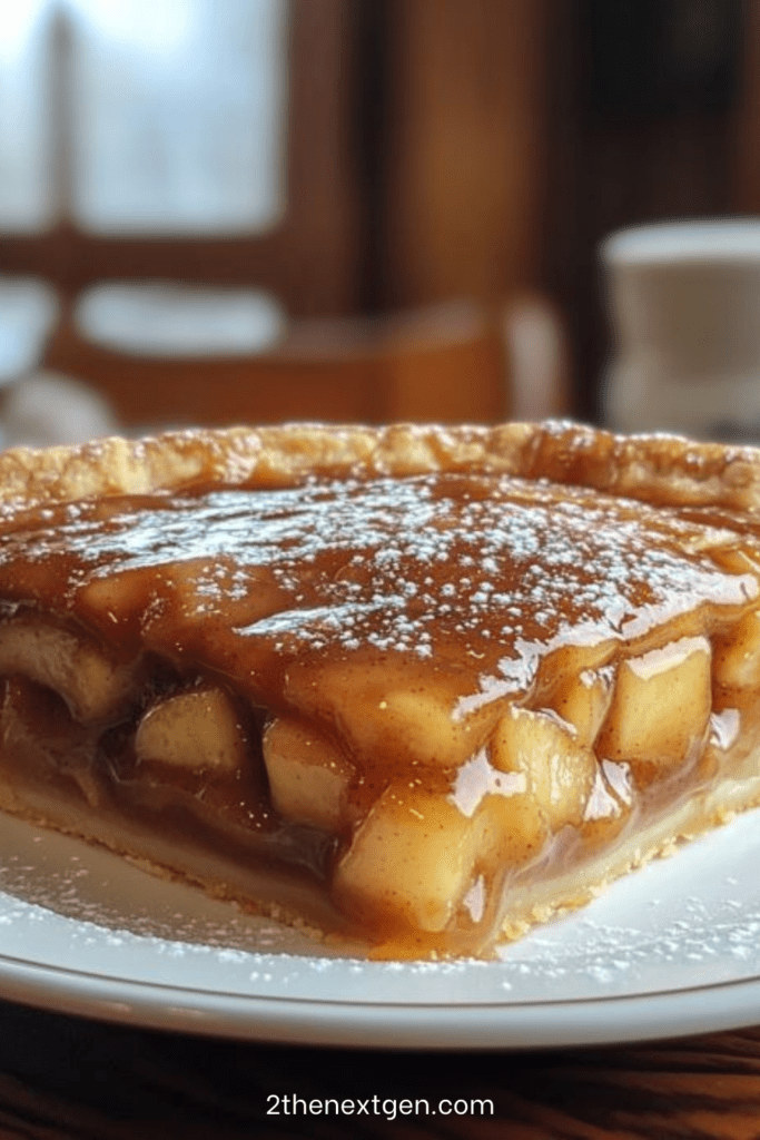 Golden apple tart on a shortcrust pastry topped with soft salted caramel drizzle, cinnamon-spiced apple cubes, and a light dusting of powdered sugar
