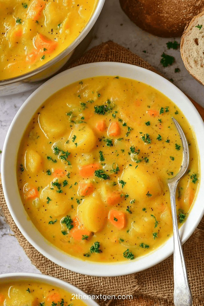 A bowl of classic German Kartoffelsuppe made with potatoes, carrots, leeks, celery, fresh parsley, and sliced sausages, served hot with rustic bread on the side.