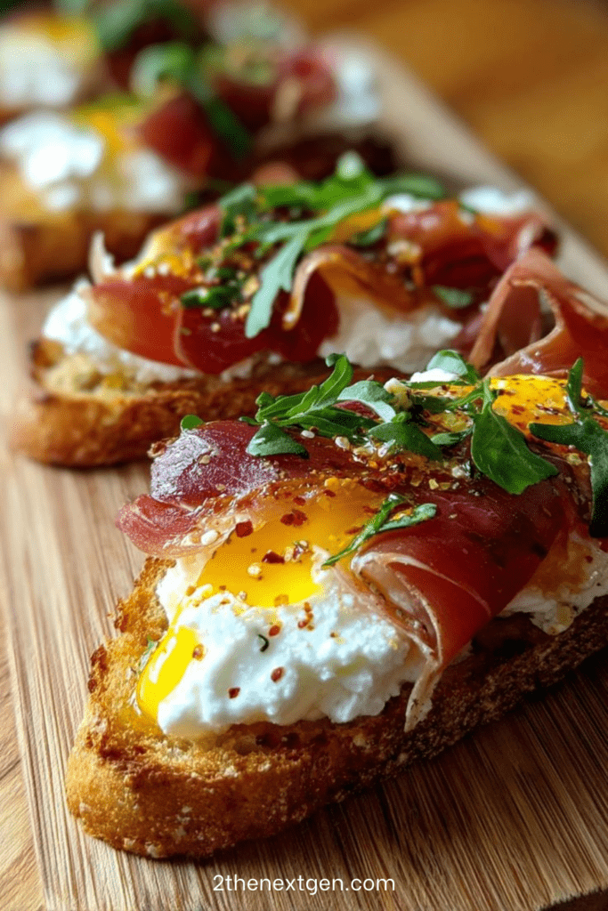 Crispy toasted crostini topped with creamy burrata, delicate prosciutto, poached eggs, fresh arugula, red pepper flakes, olive oil, and balsamic glaze on a rustic serving platter.