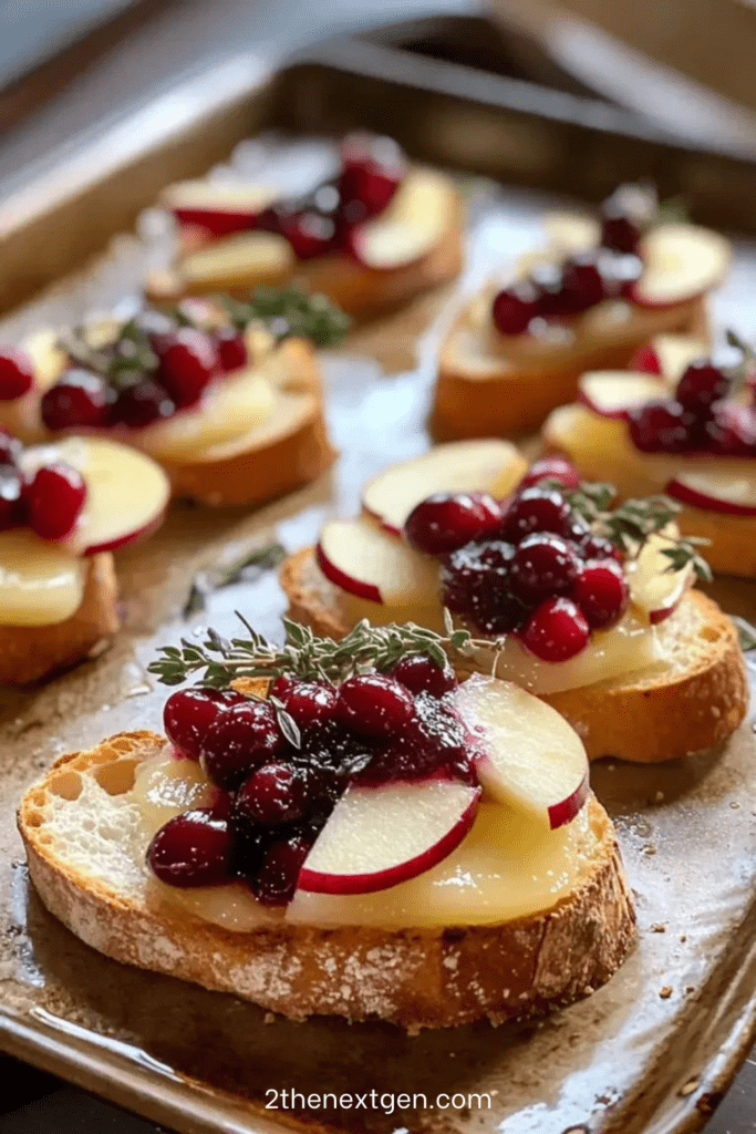 Golden toasted crostini topped with melted Brie cheese, thin apple slices, cranberries, honey drizzle, and fresh thyme on a rustic serving board.