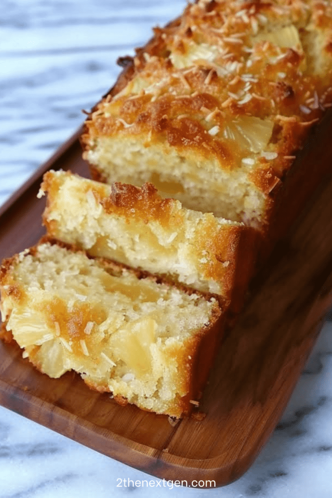 Golden pineapple and coconut moist cake sliced on a plate, showing a soft crumb with juicy pineapple chunks and a light topping of shredded coconut.