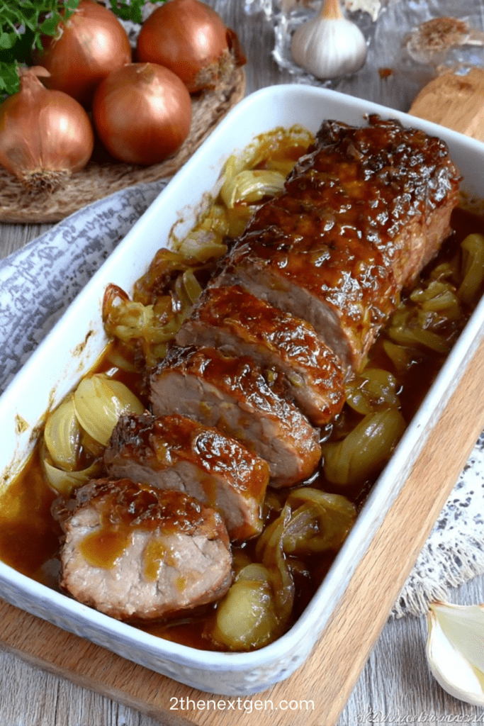 Roast pork with caramelized onions in a glossy honey sauce, sliced and served on a platter with golden cooking juices and tender onion wedges.
