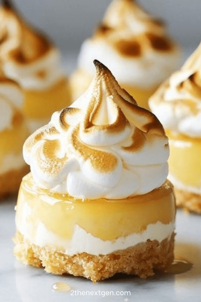 Mini lemon meringue cheesecakes with a buttery biscuit crust, creamy lemon filling, tangy lemon curd layer, and toasted golden meringue topping.