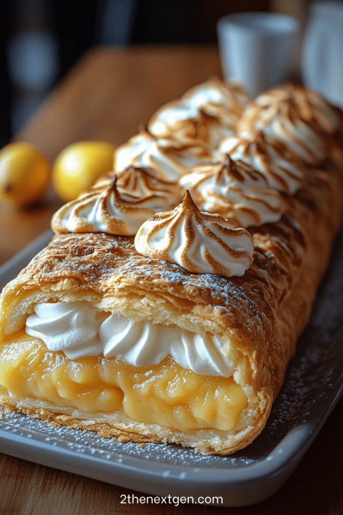Golden crispy lemon meringue puff pastry layered with smooth lemon cream and whipped cream, topped with piped toasted meringue and finished with a light caramelized surface.