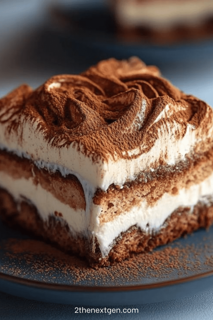 Classic Italian tiramisu dessert layered with coffee-soaked ladyfingers and creamy mascarpone filling, topped with a dusting of unsweetened cocoa powder.