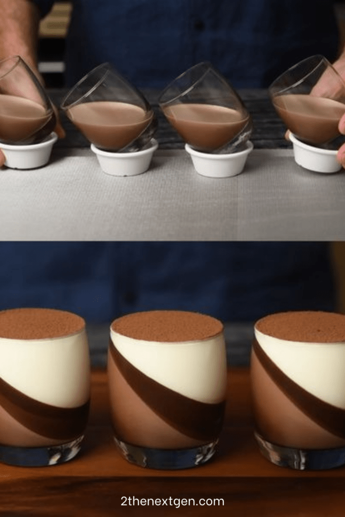 Four glasses of melting chocolate panna cotta set at a slight angle, topped with cocoa powder, showing a smooth glossy texture and rich dark color.