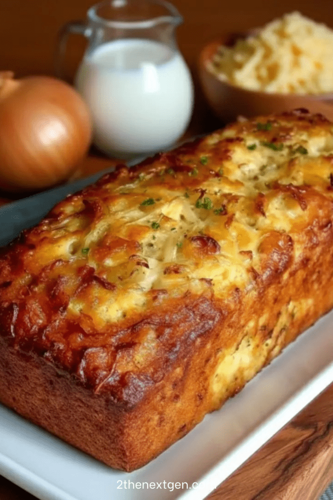 Golden loaf-style savory cake sliced on a board, filled with caramelized onions and melted cheese, with a lightly browned crust and soft moist crumb.