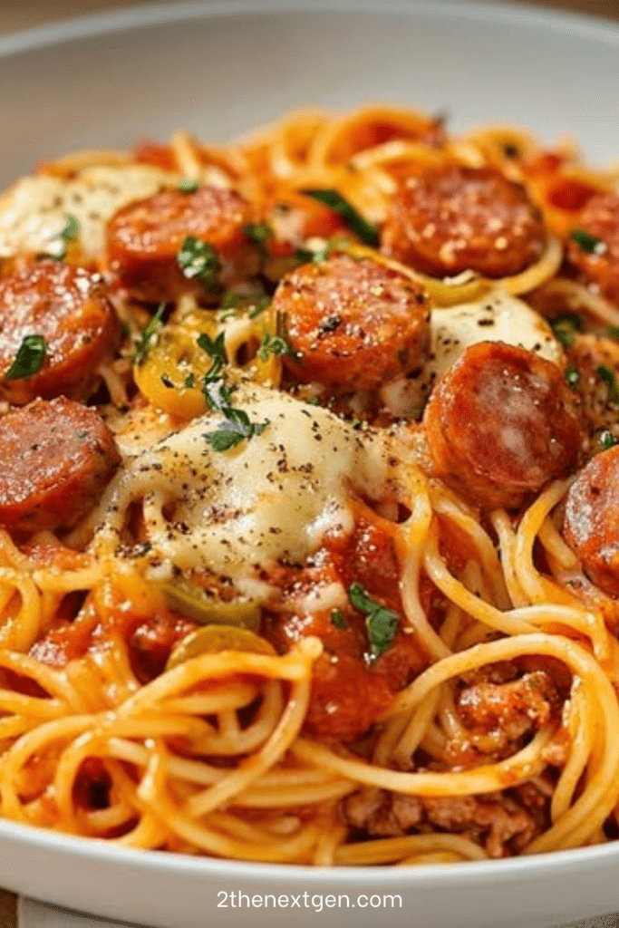 Plate of spaghetti with sausage coated in creamy tomato sauce with browned sausage slices, topped with melted cheese and fresh parsley.