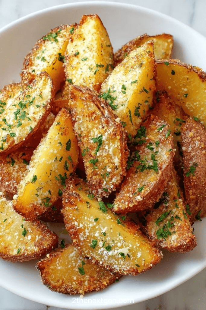 Golden crispy Parmesan potato wedges baked with Parmesan cheese and herbs, garnished with fresh parsley and served on a rustic plate.