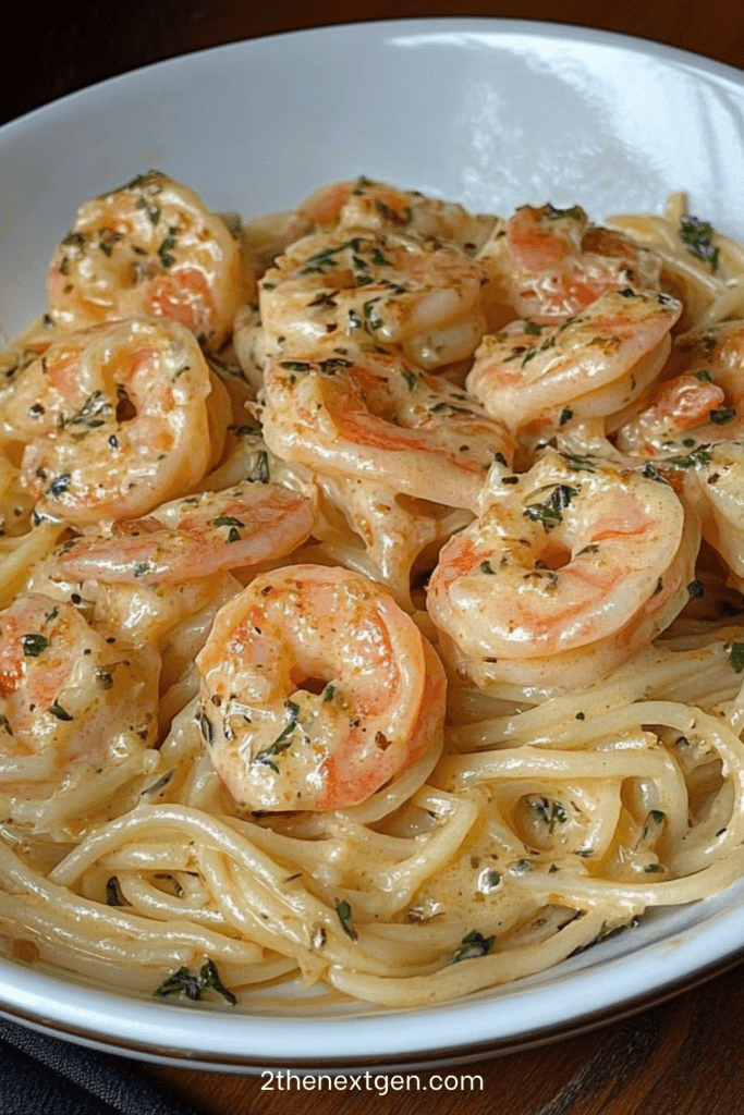 A plate of creamy garlic shrimp spaghetti topped with Parmesan cheese, fresh parsley, and juicy golden shrimp in a rich white sauce.
