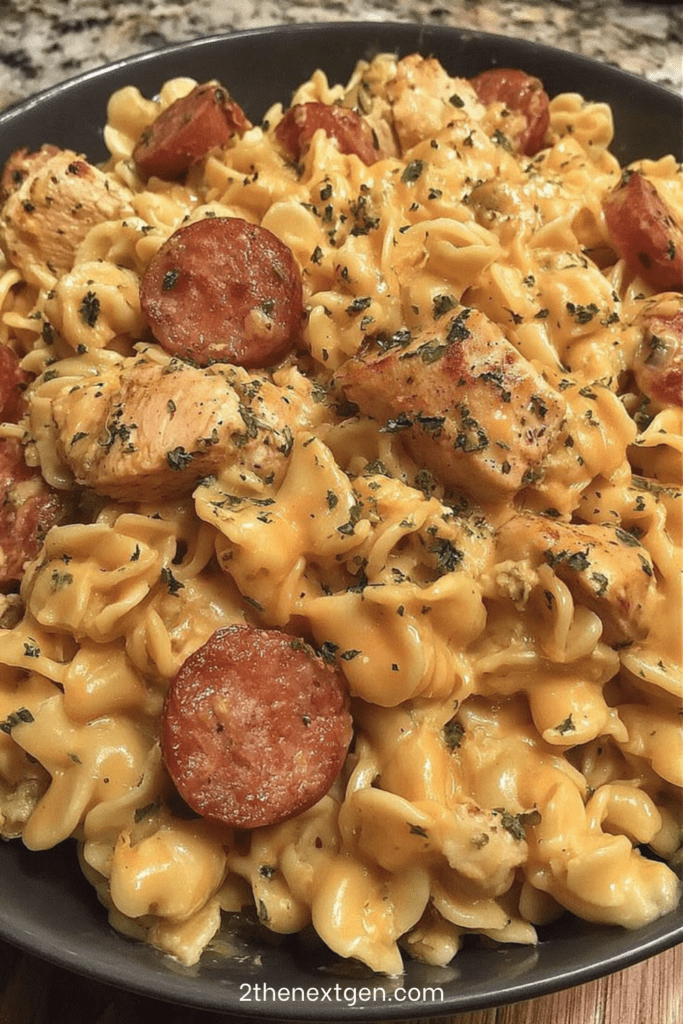 A bowl of crockpot cheddar ranch chicken and sausage pasta with creamy sauce, melted cheese, sliced sausage, and tender chicken pieces garnished with parsley.