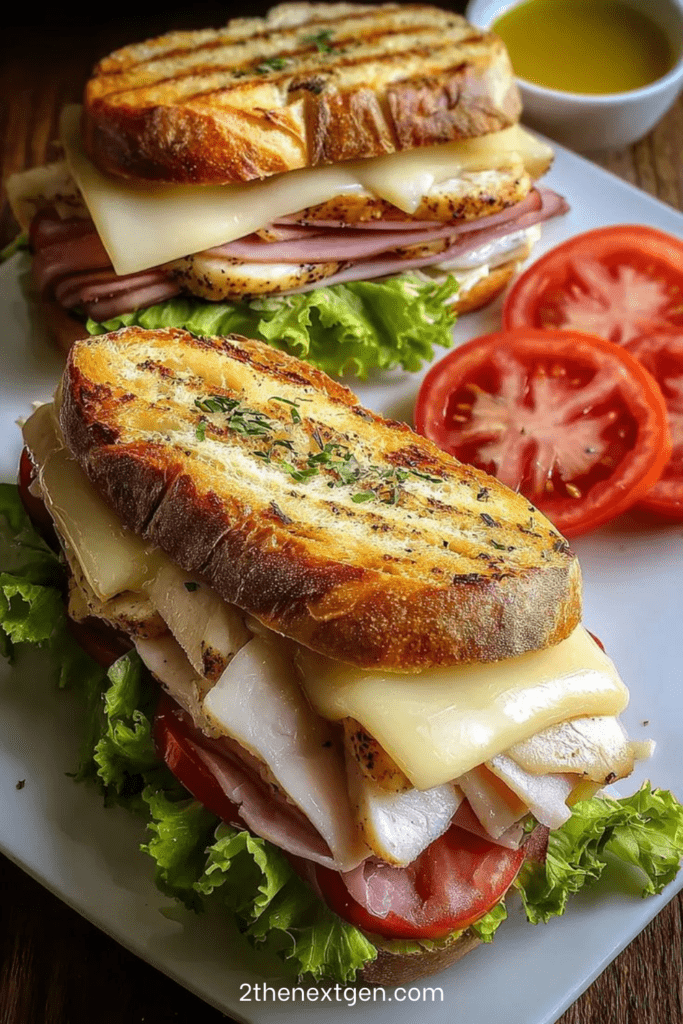 A golden garlic bread grilled club sandwich filled with turkey, ham, melted cheese, lettuce, and tomato, cut diagonally and served warm on a plate.