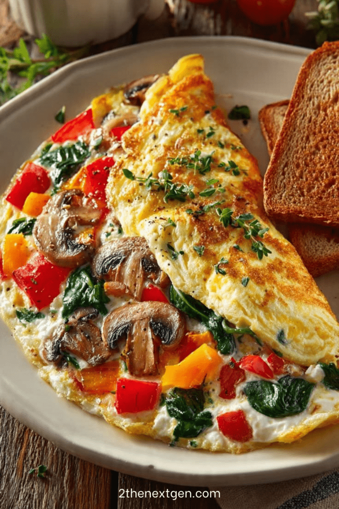 A fluffy veggie cheese omelette filled with mushrooms, bell peppers, spinach, and melted cheese, garnished with herbs and served with toasted bread.