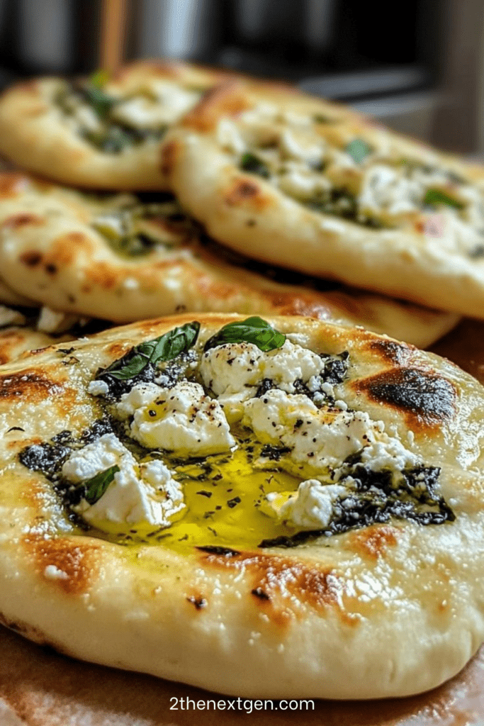 Golden skillet flatbreads stuffed with mint and feta, brushed with olive oil and topped with crumbled feta, fresh basil, and cracked black pepper