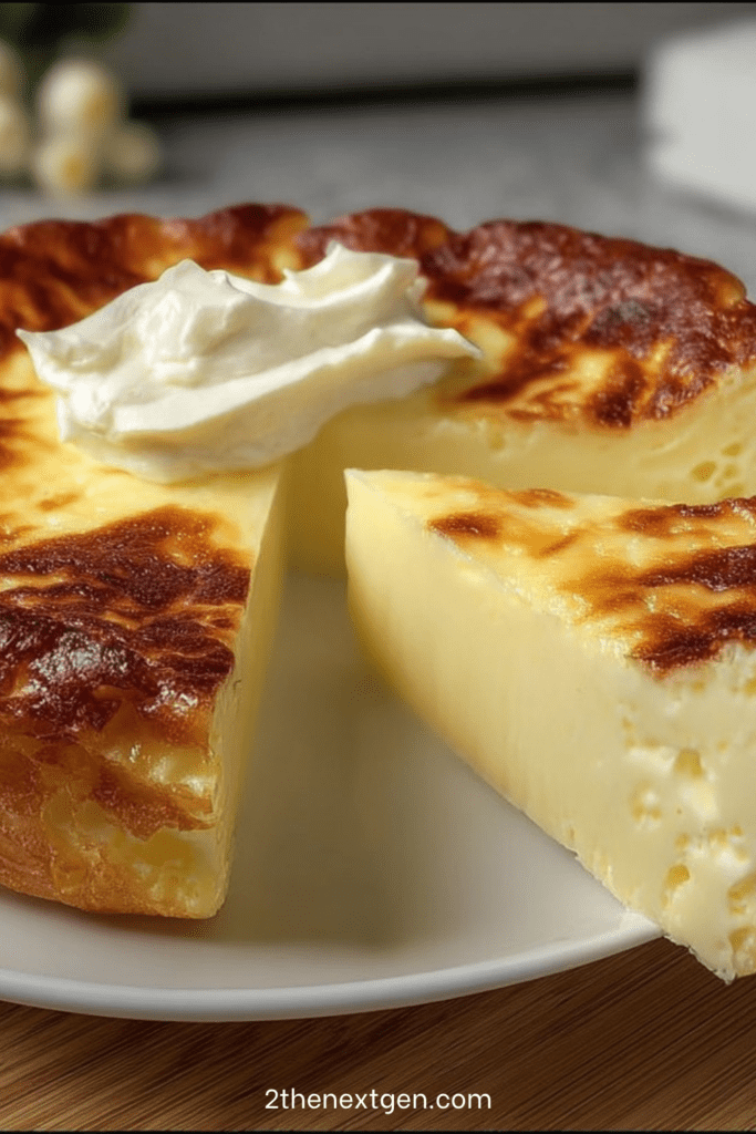 A golden ultra-creamy baked cheesecake in a round dish, sliced and served on a plate, with a soft smooth center and lightly browned top.