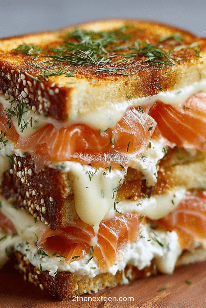 Golden smoked salmon and Boursin croque made with toasted white bread, melted cheese on top, creamy filling, and fresh dill, served hot on a plate.