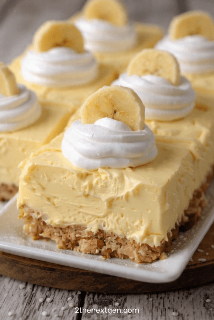 A no bake ultra creamy banana cheesecake with a golden biscuit crust, smooth banana filling, topped with whipped cream and fresh banana slices on a serving plate.