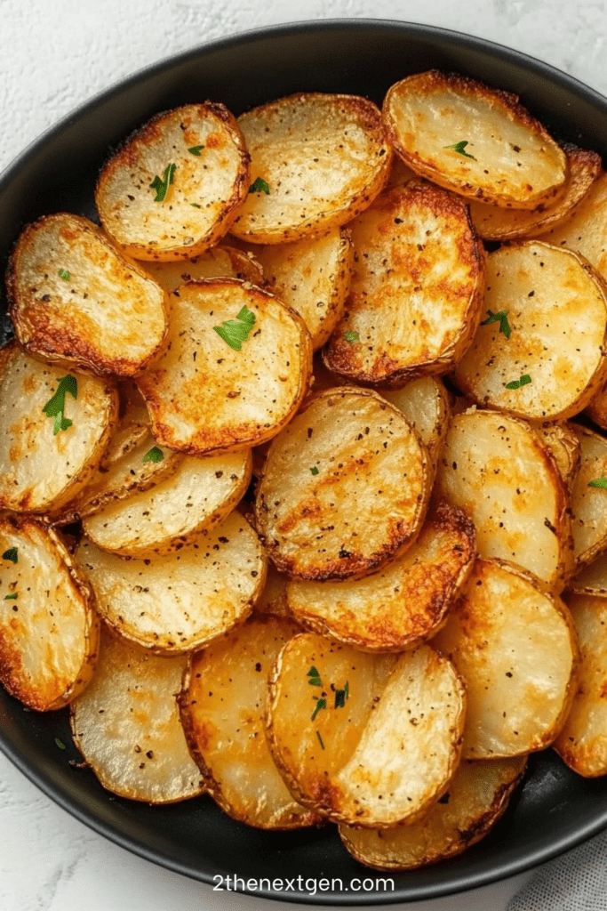 Golden crispy air fryer potato slices with paprika seasoning, arranged on a plate with fresh parsley and a crunchy exterior.