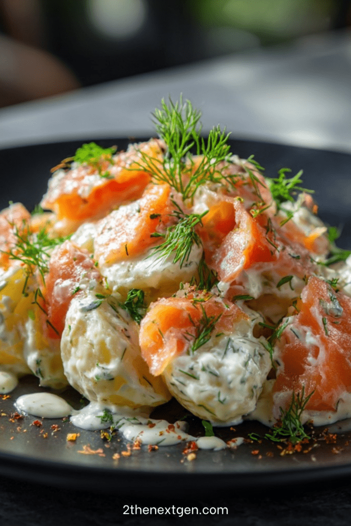 Creamy potato salad with smoked salmon, fresh dill, and mustard dressing, served slightly warm with visible potato slices and salmon pieces.