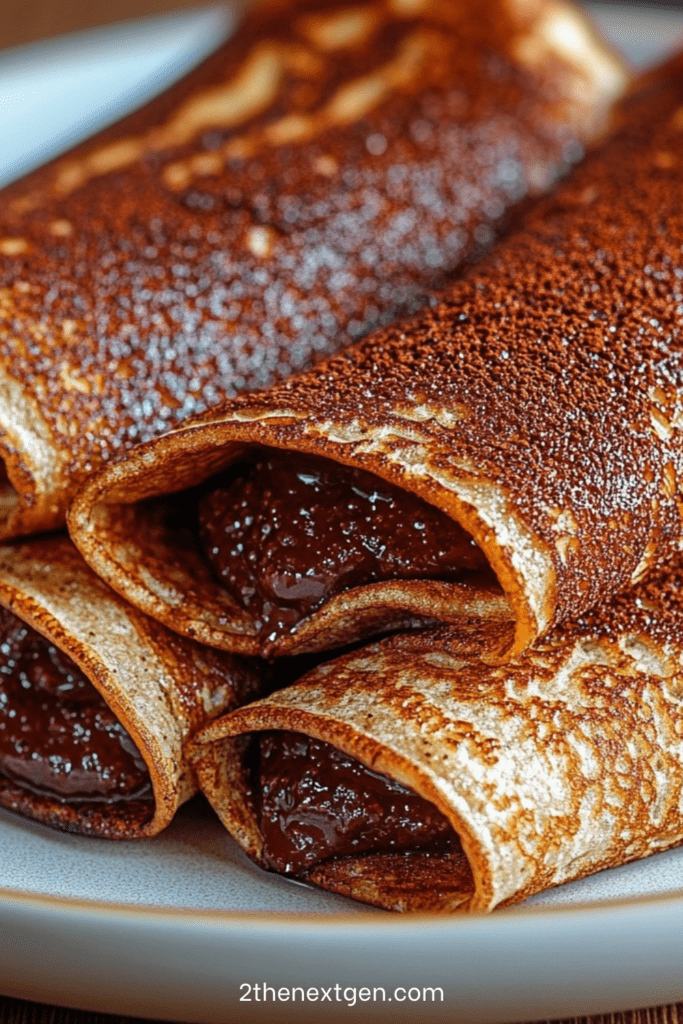 Rolled chocolate crepe filled with chocolate hazelnut spread, sliced and dusted with powdered sugar, served on a plate with a soft texture.