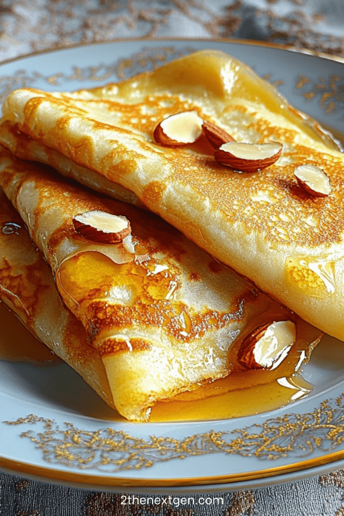 Folded French crepes with honey arranged in triangles, drizzled with golden honey and topped with toasted almonds and powdered sugar on a plate.