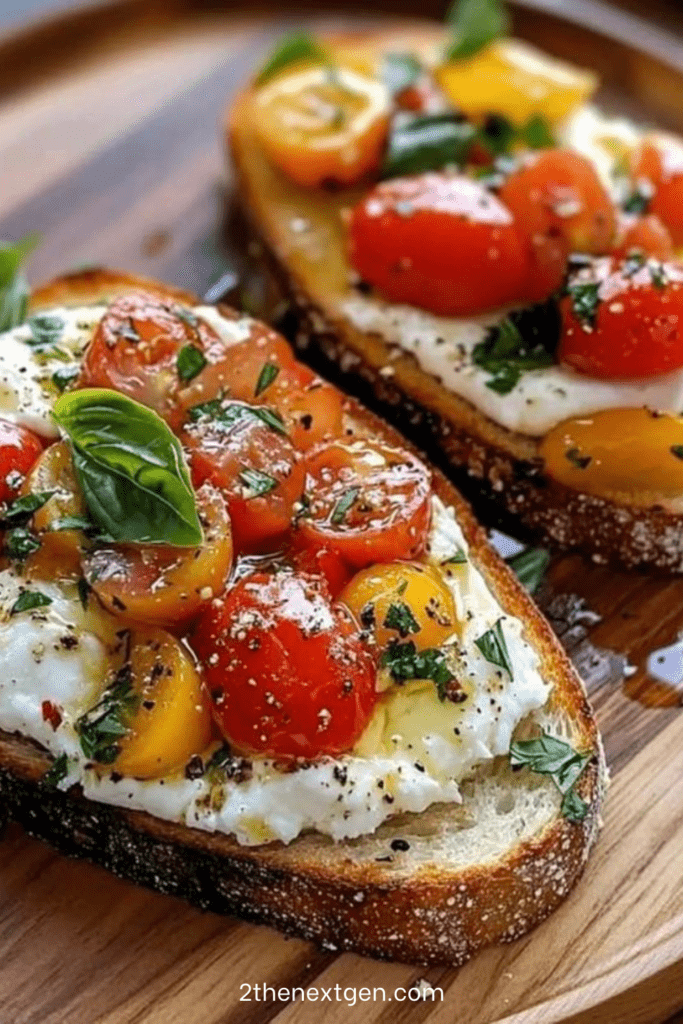 Toasted bread rounds topped with torn burrata bruschetta and marinated cherry tomatoes, basil, olive oil, and balsamic juices, served as an Italian appetizer
