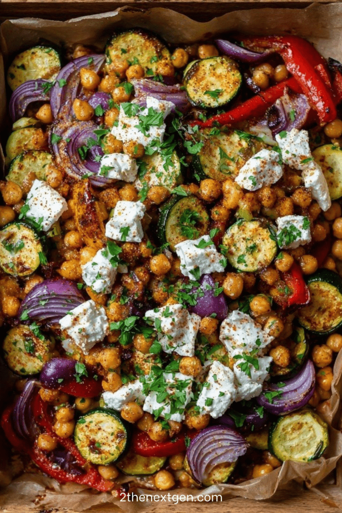 Sheet pan with roasted zucchini rounds, crispy chickpeas, red onion wedges, red bell pepper strips, and warm feta, finished with parsley and lemon