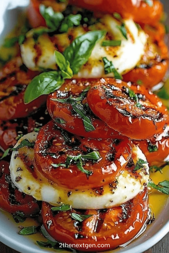 Roasted tomato halves layered with fresh mozzarella slices and basil leaves, drizzled with balsamic and olive oil, served on a platter